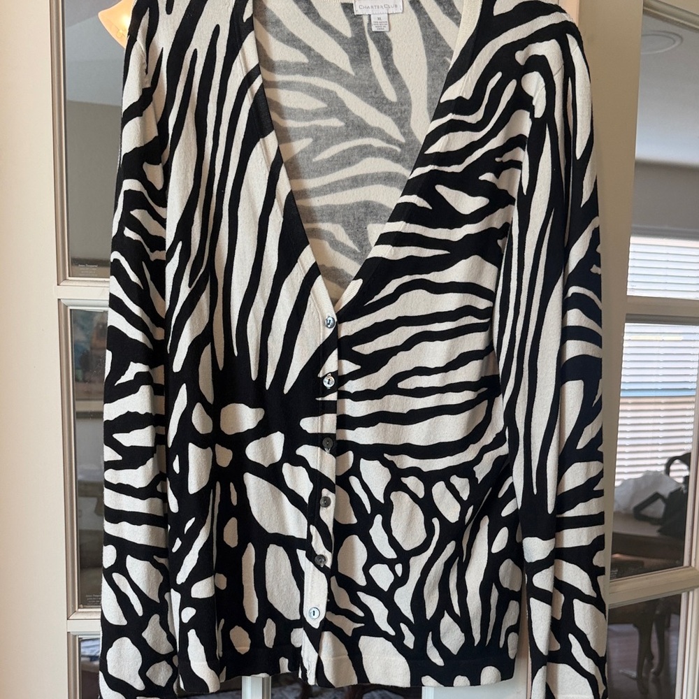 Charter Club Black and White Animal Print Cardigan